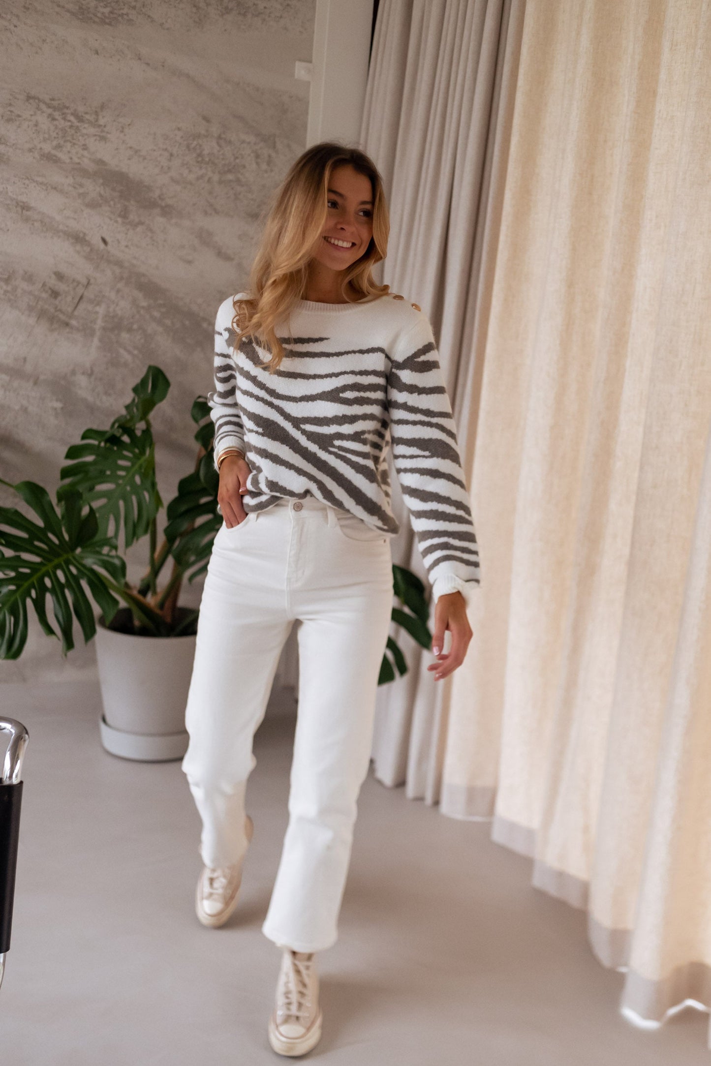 White and Khaki Patterned Valley Sweater